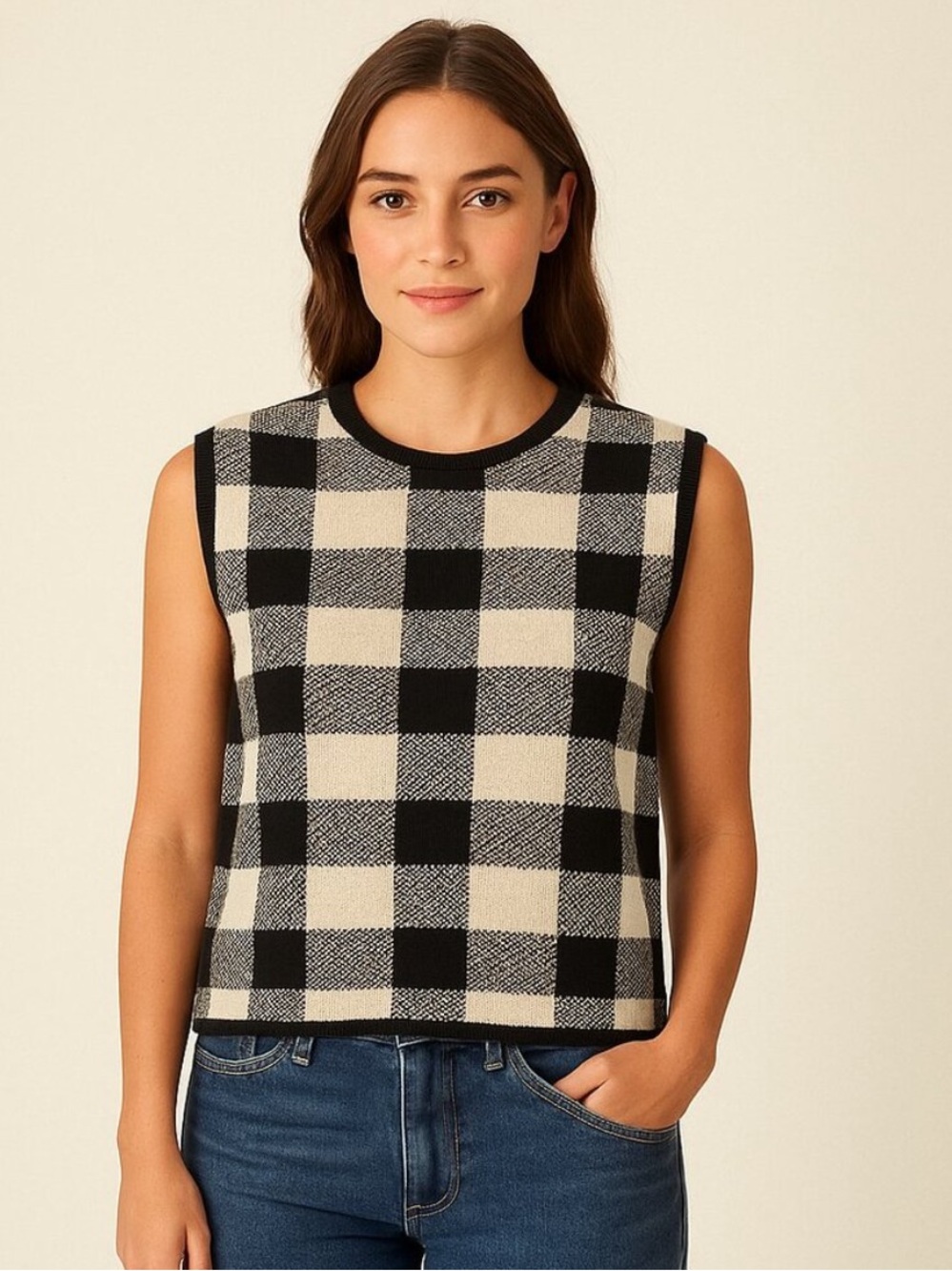 NWT Tuckernuck Pomander Place Black Buffalo Check Crop Sweater Vest Large Wool